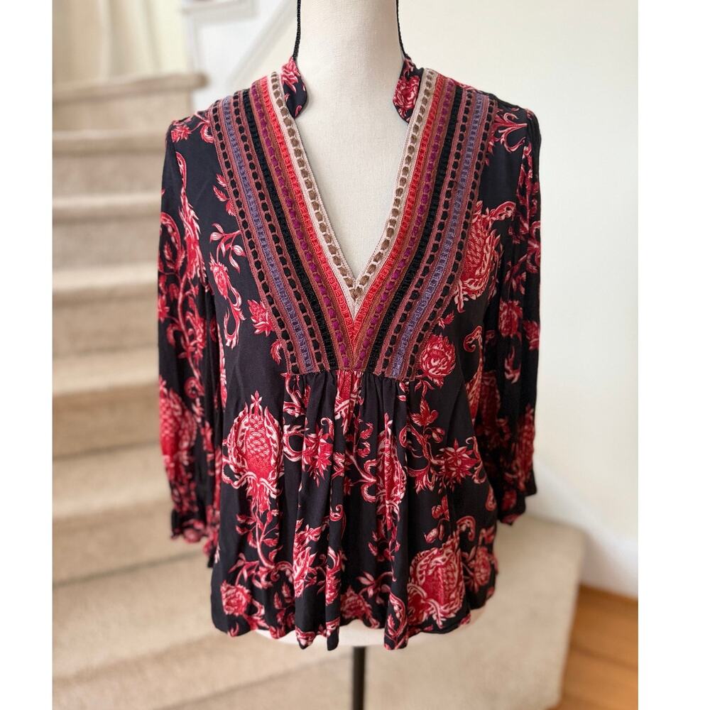 Blank London Black & Red Damask Floral Embroidered V-Neck Blouse